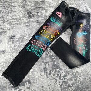 Switch Remarkable Mens 34x30 Denim Pants Urban Graffiti Hustle Slim Taper Black